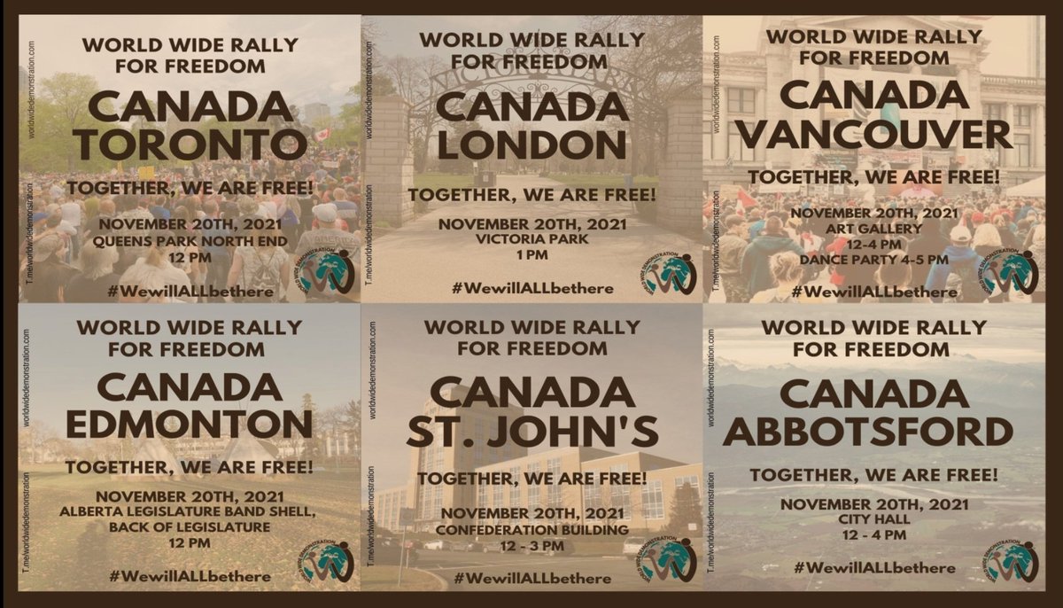 🇨🇦 This is your next chance to show some real world resistance

Come and connect w/ real people ready to take back their freedoms

We will be marching in 150+ locations across more than 40 countries

Join us.

You will not be alone #WeWillALLBeThere

(More locations to follow)