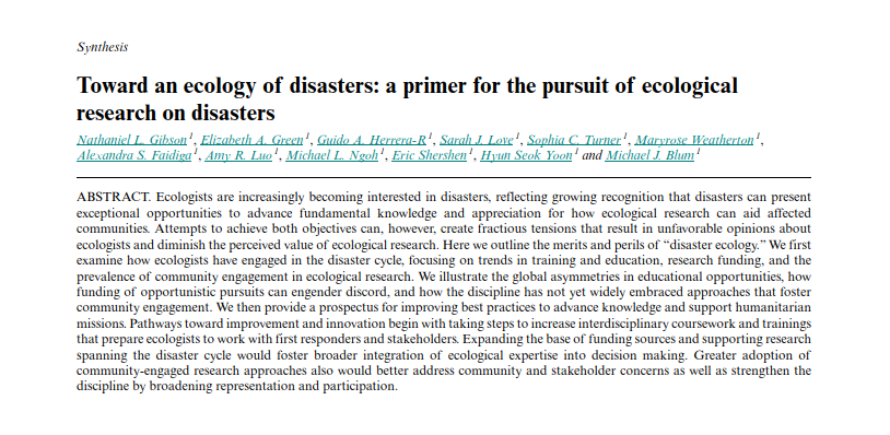 EcologySociety1's tweet photo. Gibson et al. "Toward an ecology of disasters: a primer for the pursuit of ecological research on disasters" 
https://t.co/4YN5BJeWRf
#socialecologicalsystems https://t.co/N3W1Ed6ttp