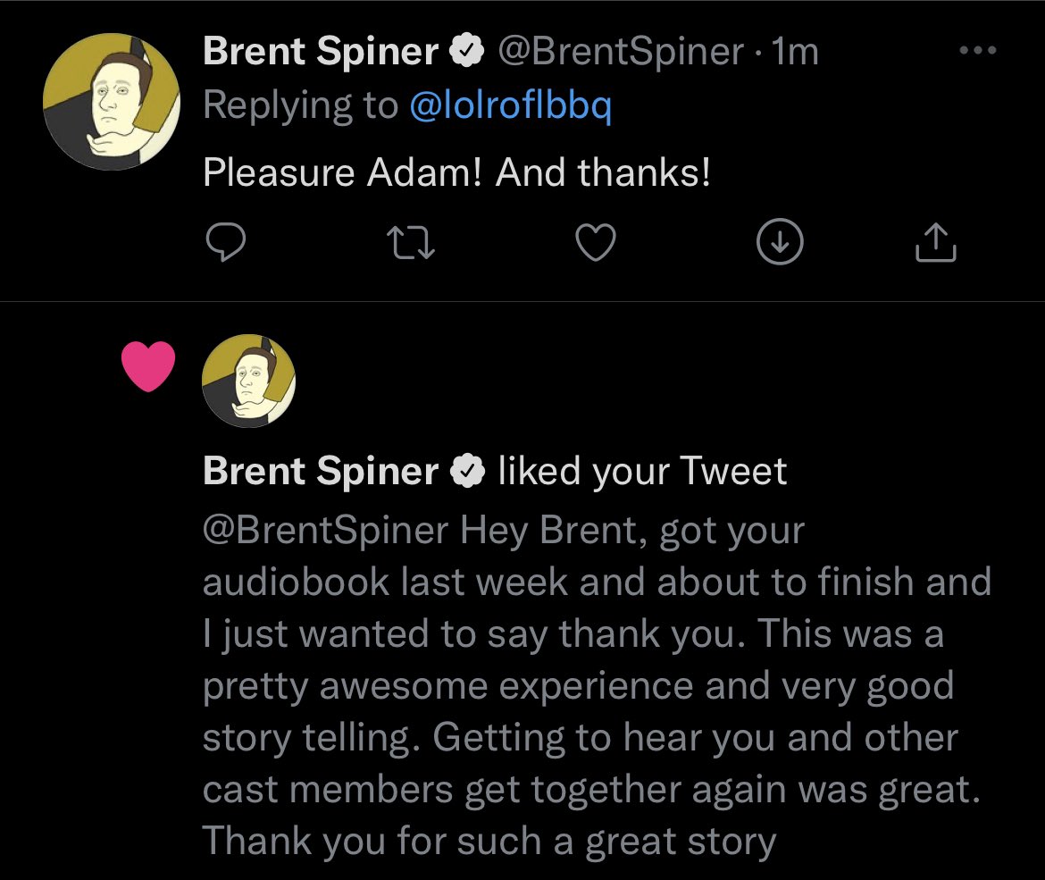 Still star struck from earlier. Was so hype with just a like but to get a reply from <a href="/BrentSpiner/">Brent Spiner</a> as well put me over the moon. Data was always my favorite TNG character. And go read his new book if you haven’t already! Great read, hoping for more like it!