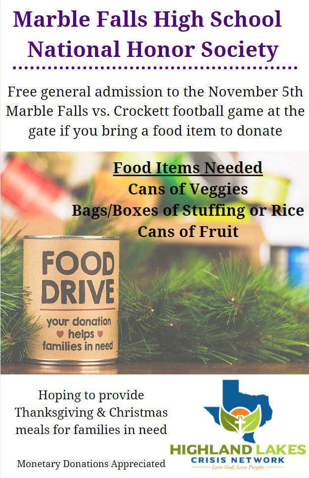 We are so excited to announce our food drive for the next home football game (Nov 5). Bring your cans and you will get in free! All of the cans are going to the Highland Lakes Crisis Network!
