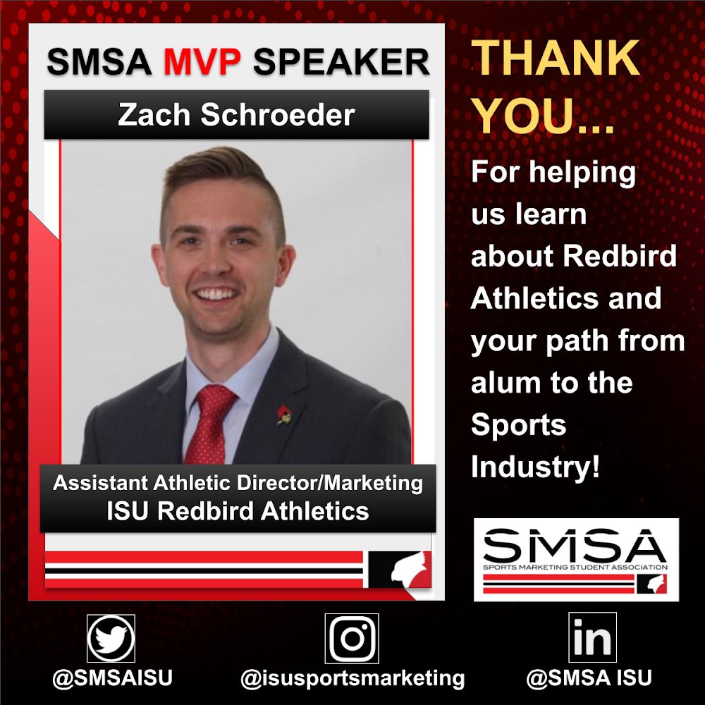 Our SMSA MVP Speaker for this week..Zach Schroeder from Redbird Athletics <a href="/ISURedbirds/">Illinois State Athletics</a>! Thank you so much for joining us Zach!