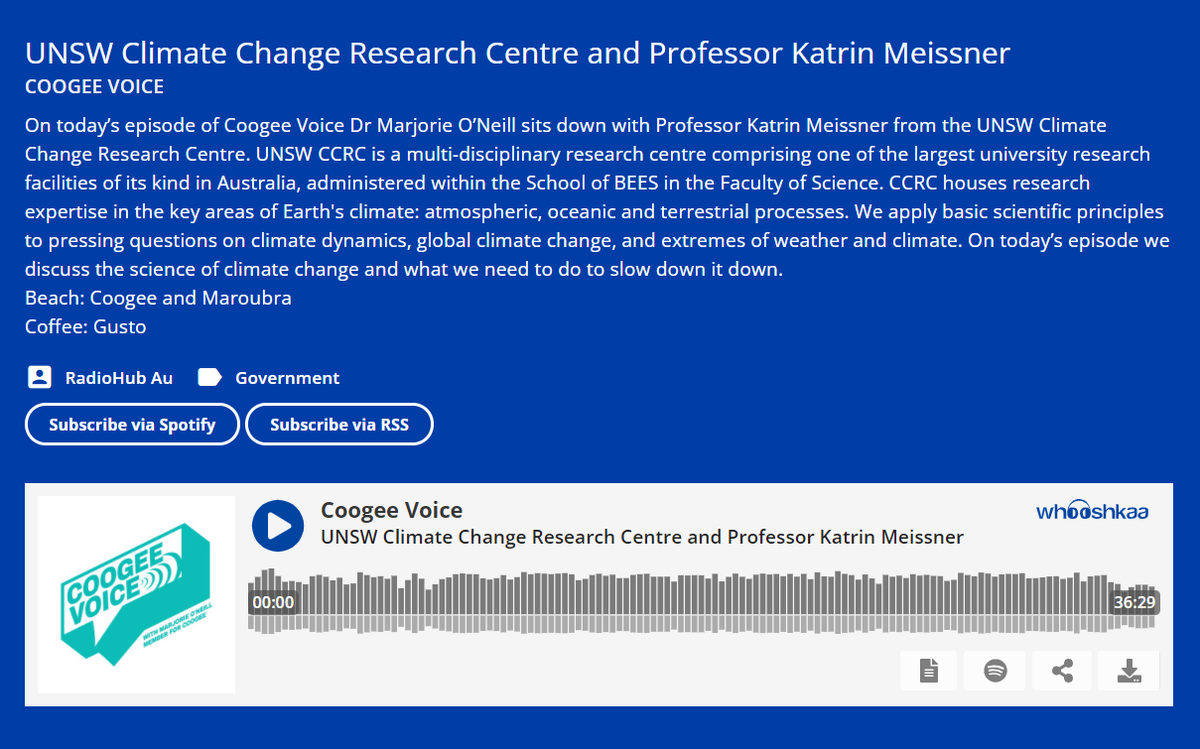 UNSW Climate Change Research Centre (@ccrc_unsw) on Twitter photo 📻The latest episode of the Coogee Voice features <a href="/KatrinJM/">Katrin Meissner</a>, the director of CCRC, interviewed by Dr Marjorie O'Neill. Listen to this very informative discussion on the science of climate change:
spoti.fi/3GU0j9m
apple.co/3GVuBIA
<a href="/UNSWScience/">UNSW Science</a> <a href="/unswbees/">UNSW Biological, Earth and Environmental Sciences</a> 📻The latest episode of the Coogee Voice features <a href="/KatrinJM/">Katrin Meissner</a>, the director of CCRC, interviewed by Dr Marjorie O'Neill. Listen to this very informative discussion on the science of climate change:
spoti.fi/3GU0j9m
apple.co/3GVuBIA
<a href="/UNSWScience/">UNSW Science</a> <a href="/unswbees/">UNSW Biological, Earth and Environmental Sciences</a>