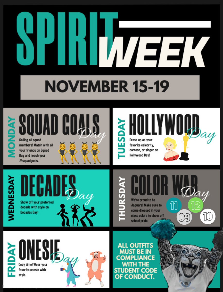 MLECJaguars's tweet photo. Spirit week is around the corner. Show your spirit and prepare for your best outfit yet. @MLECSGA https://t.co/1GGlykI93m