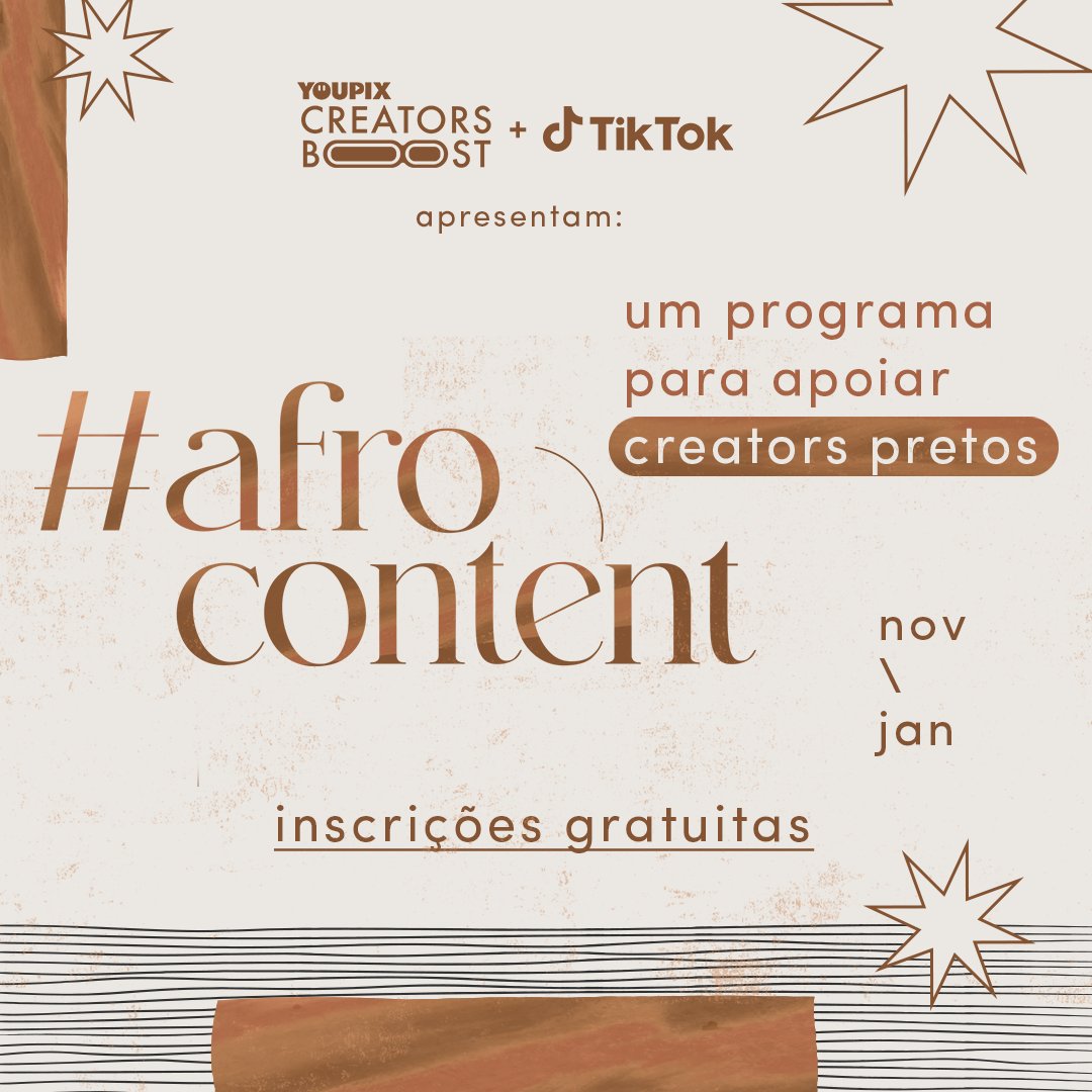 TikTokBrasil's tweet photo. O papo aqui é preto e não faz curva. Estão abertas as inscrições do nosso novo programa #afroContent,
feito para apoiar e impulsionar creators pretos, em parceria com a @youpix. Inscreva-se até 10/11 no meu app https://t.co/PBNwKbRSN0