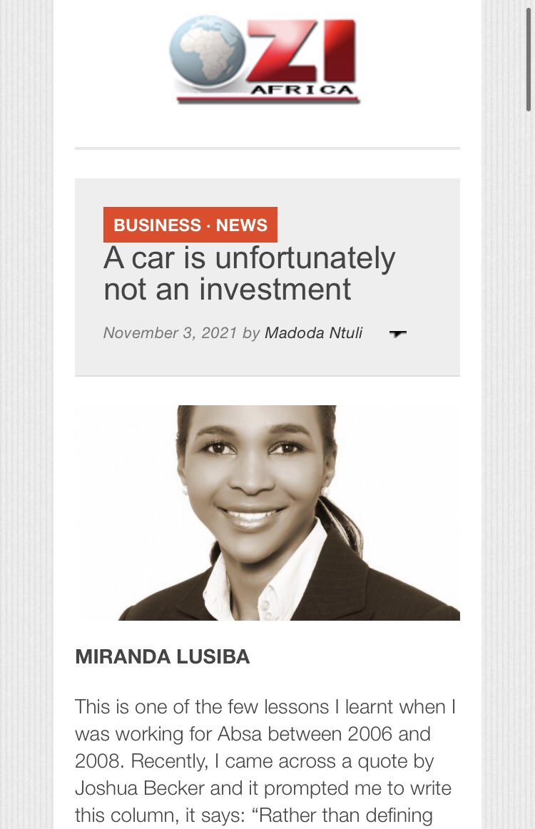 MirandaLusiba's tweet photo. Empowerment Zone with @mirandalusiba Thanks @SpotongMagazine for covering my recent #entrepreneurshipissues column. 

This week’s column topic is: 
#BasicFinancialLiteracy: A car is unfortunately not an investment
https://t.co/IF8xFChK3A

Miranda+Strange’ own rights to columns🇿🇦 https://t.co/e6JWrV7wDi
