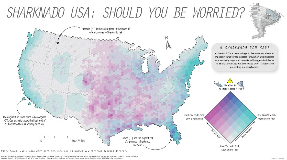 <a href="/tjukanov/">Topi Tjukanov</a> Day 4. Hexagons. 

How worried you should be about a sharknado attack? According to our data, a little bit more than you think... 🦈🌪

#30DayMapChallenge
