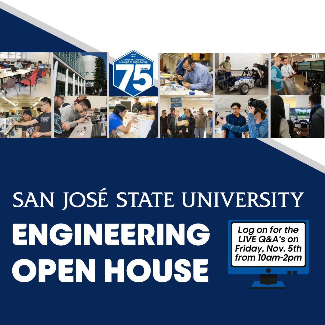 SJSUEngineering's tweet image. Today is the day for the #SJSUEngineering #Virtual Open House! We are hosting LIVE Zoom Q&amp;amp;A sessions from 10AM - 2PM. This is open to the public, #highschool #communitycollege #students #STEM

Ask real students about #engineering #SJSU 🚀🔬🖥️🚗🌉🤖🧑‍🔬🛩️

sjsu.edu/engineering/re…