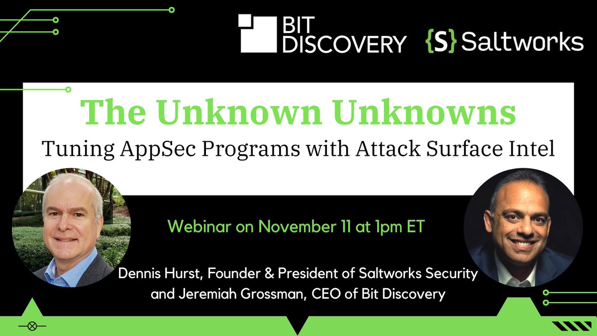 SaltworksSec's tweet photo. Tune into our webinar "The Unknown Unknowns- Tuning AppSec with Attack Surface Intel" on November 11th at 1pm ET- one week away! 
Sign up on BrightTALK today: https://t.co/X0BxFkFak7
#ApplicationSecurity #AttackSurfaceManagement #AppInventory #SecurityandIT https://t.co/7stFnkxFyU