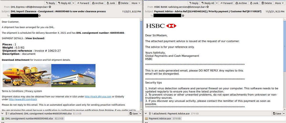 SpamAuditor's tweet photo. Nothing new here, but this #Spammer is using @digitalocean IPs with cheap $1 .bar domains on sale @Porkbun to send #malspam
#Spoofs @DHL and @HSBC
Payloads
#Dridex
#Fareit
CVE-2018-0802
@ActorExpose @JCyberSec_ @illegalFawn @nullcookies @malwrhunterteam @malware_traffic https://t.co/IMQ4IPrTDs
