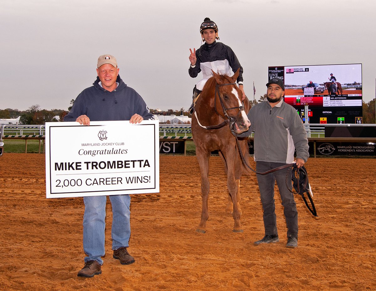 Congratulations to ⁦@trombetta_mike⁩ on win 2,000 with Mr. Jefferson. Barn ran one-two in Thursday’s 8th ⁦@LaurelPark⁩ #milestone ⁦@SanchezMychel⁩ up