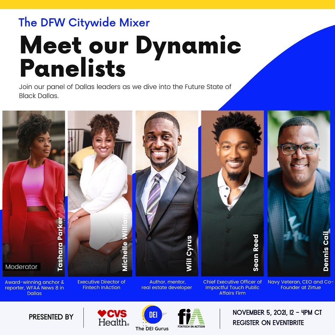 FintechInAction's tweet image. Is #fintech the future?  Join FIA Executive Director Michelle Williams and Kala Garner of @deigurus tomorrow online as they discuss fintech, finance and generational wealth in an intimate fireside chat during the DFW Citywide mixer! Register: eventbrite.com/e/join-the-dei…