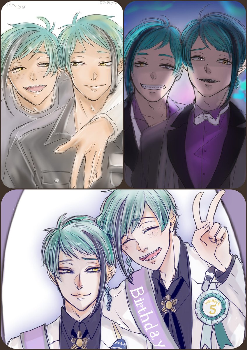 #リーチ兄弟誕生祭2021 
#フロイド・リーチ誕生祭2021 
#ジェイド・リーチ誕生祭2021

お誕生日おめでとう〜!!
やっぱりお祝いしたいから、過去描いた二人をちょっとまとめてみました😊 