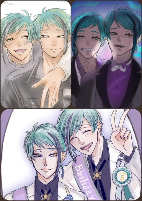#リーチ兄弟誕生祭2021 
#フロイド・リーチ誕生祭2021 
#ジェイド・リーチ誕生祭2021

お誕生日おめでとう〜!!
やっぱりお祝いしたいから、過去描いた二人をちょっとまとめてみました😊 