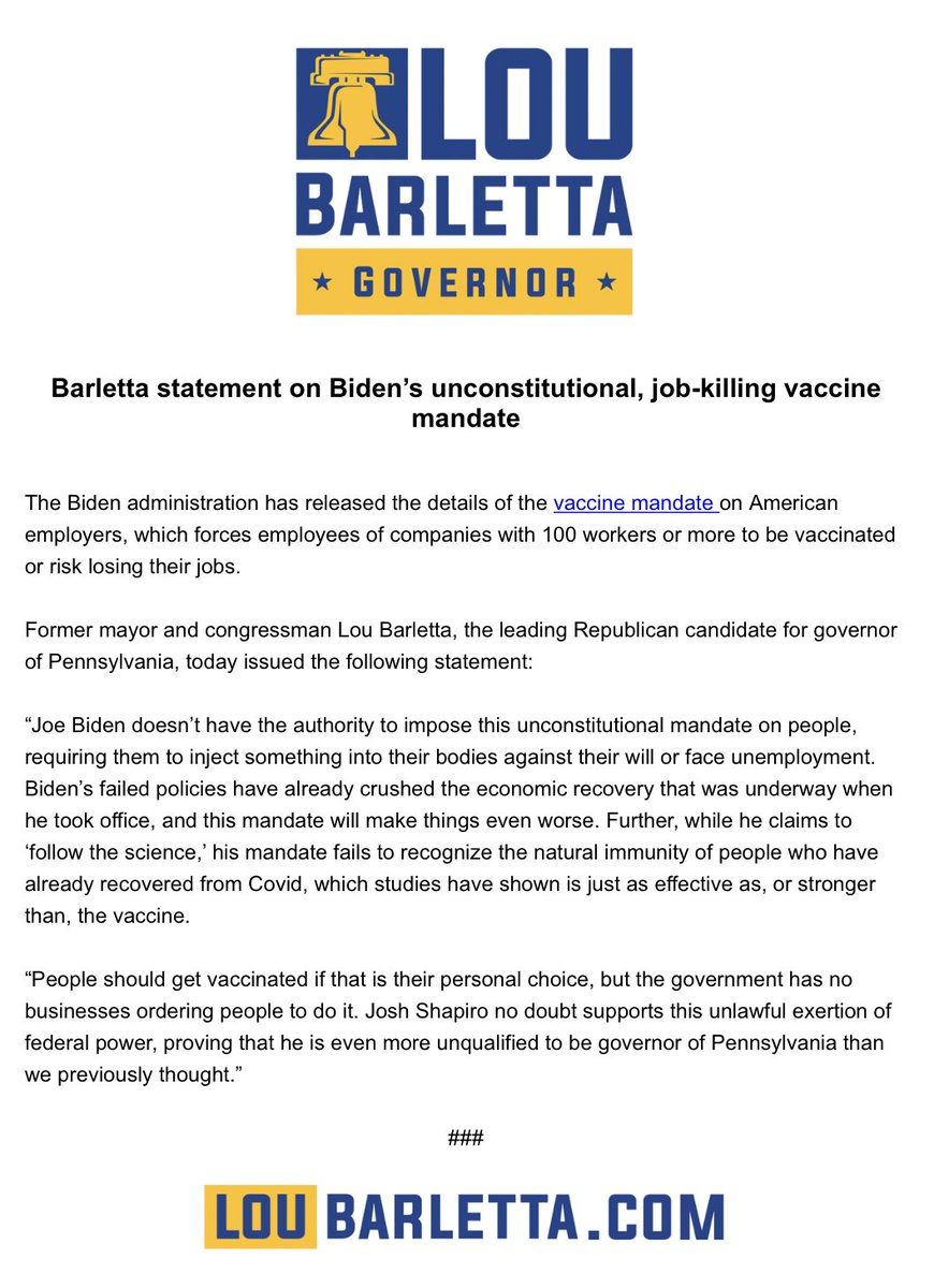 RepLouBarletta's tweet photo. .@JoeBiden doesn’t have the authority to impose this unconstitutional mandate on people, requiring them to inject something into their bodies against their will or face unemployment.

My statement on Biden’s unconstitutional vaccine mandate ⬇️ https://t.co/mXzn11jLda