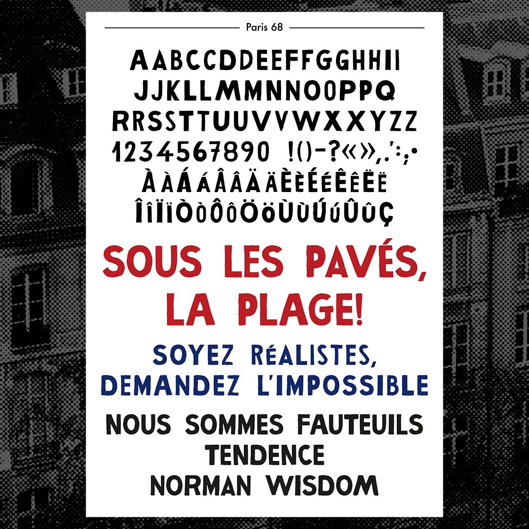 Standard_D's tweet photo. Putting together a quick specimen sheet for my Paris 68 font today I was pleasantly surprised how well it holds up. Vive la blowing votre own trumpet, n’est-ce pas? #font #typography #lettering #poster #protestposter #paris #may68 #mai68 #typespecimen #franglais #français https://t.co/nfkujVonyf