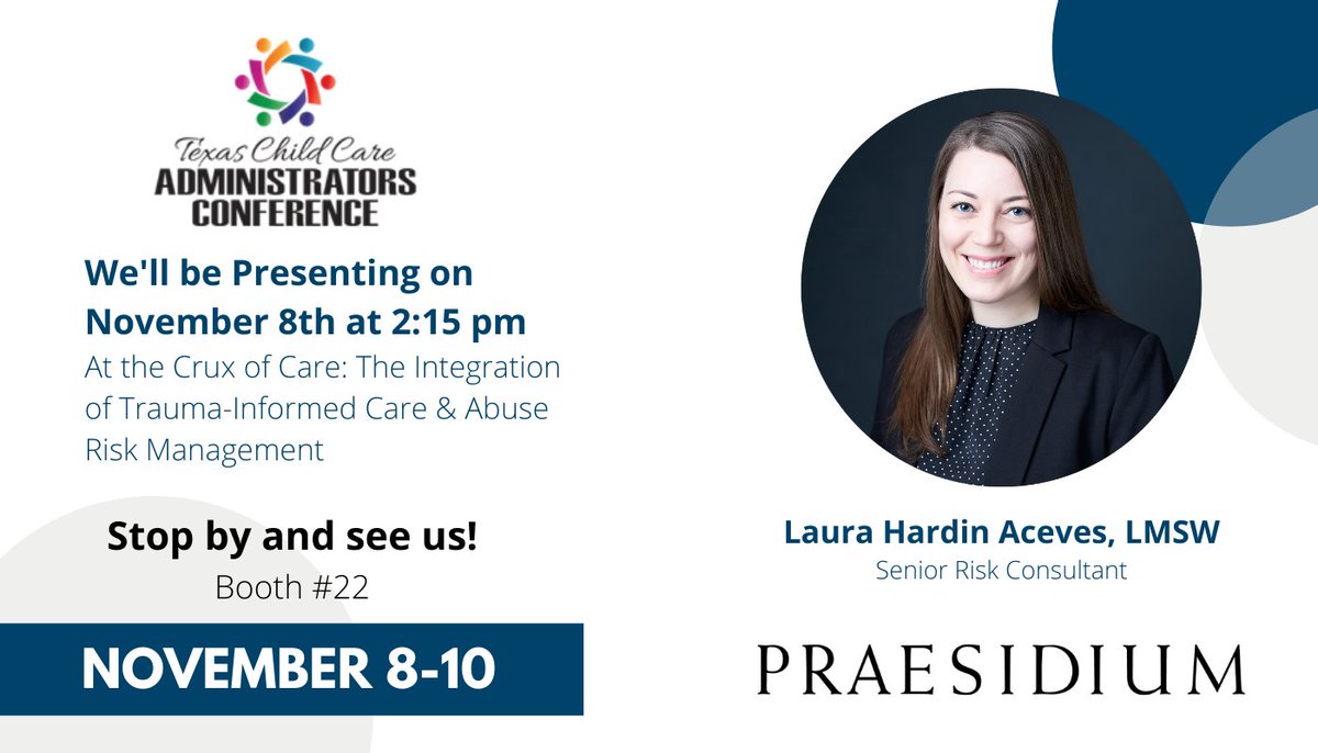 PraesidiumInc's tweet photo. #Praesidium's Senior Risk Consultant Laura Hardin Aceves will present at #TCCAC2021 on Nov. 8. Don't miss her presentation titled, "At the Crux of Care: The Integration of Trauma-Informed Care & Abuse Risk Management." More info here: https://t.co/p2zgJfBc2p
#PoweringConnectivity https://t.co/F46NoiaVz5