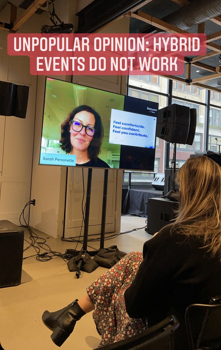 #unpopularopinion- hybrid events suck. This very smart lady is talking through a screen to an audience that is hungry enough for an in person experience to actually show up, and now they’re all just on their phones and not paying attention #BrandSafetySummit