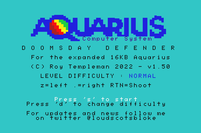 loudscotsbloke's tweet photo. Finally finished coding Doomsday Defender, my 3rd Mattel Aquarius game.Soon to be available as a download,and will also be released on cassette! The Aquarius was my first computer,and I have had a love affair with this terrible wee underdog for almost 40 years! #doomsdaydefender https://t.co/Ntupcynrvb