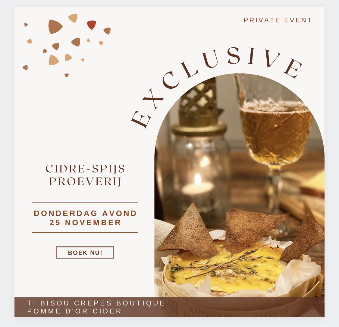 📌 EXCLUSIEF: Cidre-Spijs Proeverij op 25 november! Private event 📌

Cidre, het product van geduld en traditie! Dat past heel goed bij Ti Bisou. 

meer info instagram.com/p/CV3ZCfaIy-f/ #cidre #cider #bretagne #normandie #frankrijk #haarlem #wijnspijs #proeverij #crepe