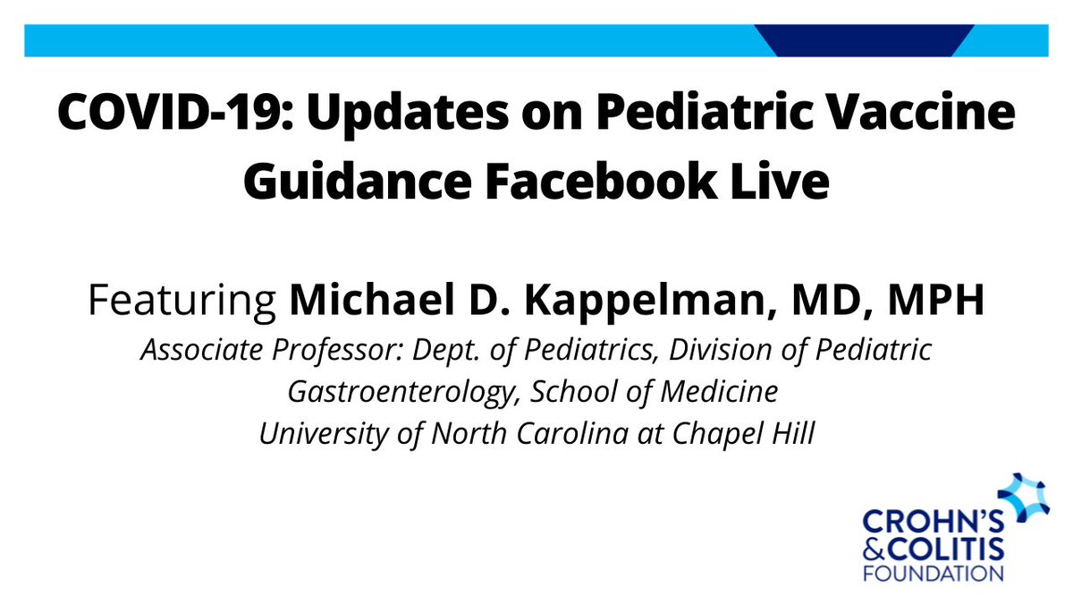 CrohnsColitisFn's tweet image. Join us on Sunday, November 7 at 8 p.m. ET for a Facebook Live event that will aim to answer questions the #IBD community may have about #COVID19, #vaccines, and guidance for pediatric patients with #CrohnsDisease and #UlcerativeColitis. bddy.me/3GUUzvO