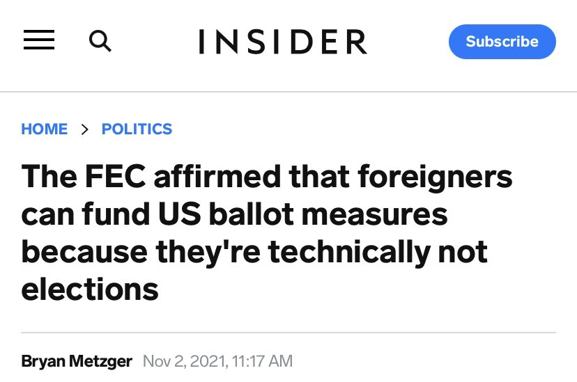 davenewworld_2's tweet photo. The FEC is allowing foreign donors to finance ballot measures. Corporate lobbyists can't wait to travel the world and convince foreign dignitaries that pouring money into referendum campaigns is in their best interests. Where is everyone's Russian collusion-level outrage? https://t.co/zxRtvnSDBm