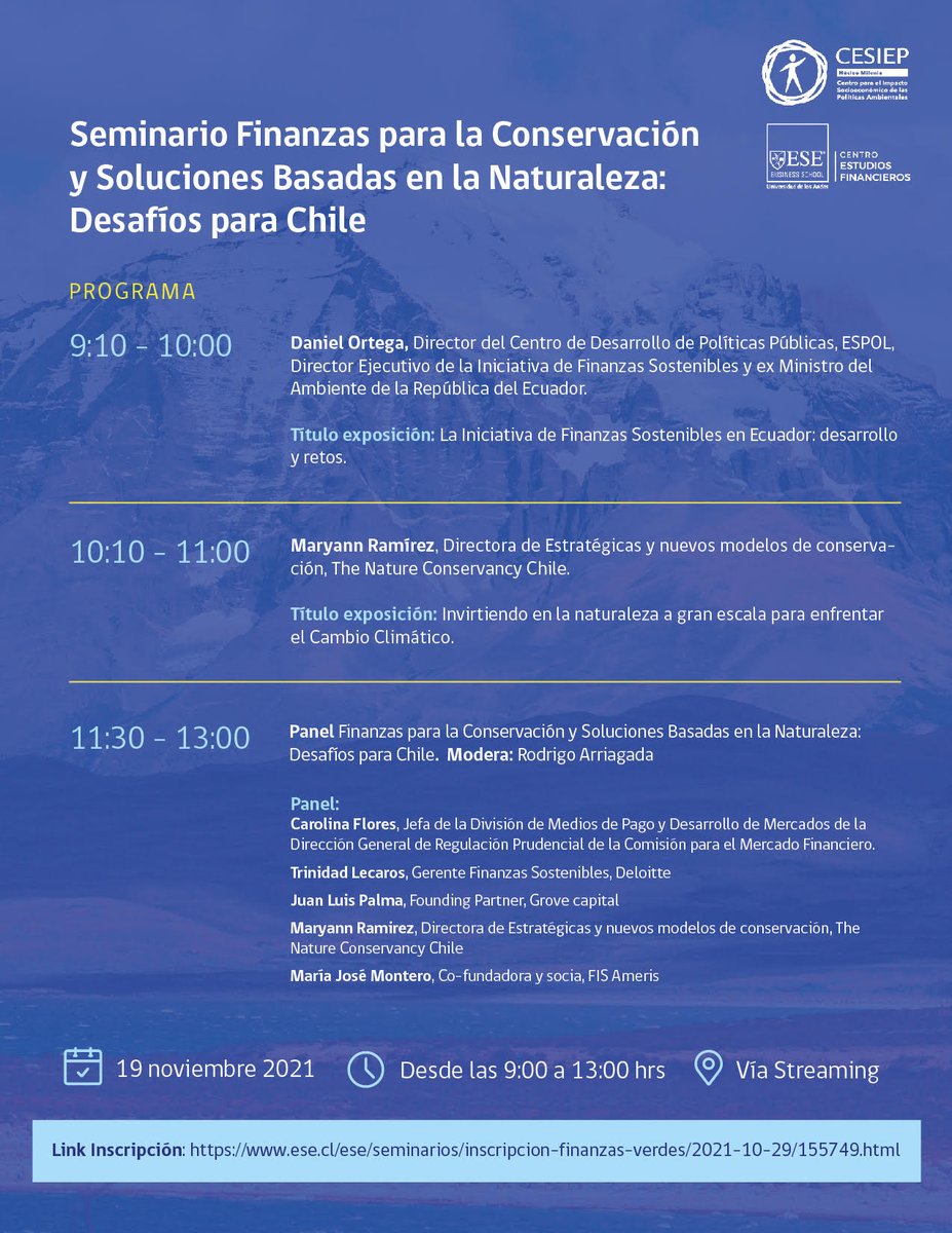 AGENDA| Abiertas las inscripciones para Seminario “Finanzas para la Conservación y Soluciones Basadas en la Naturaleza: Desafíos para Chile”. La actividad tendrá lugar este 19 de noviembre previa inscripción en este link. ¡No te lo pierdas! ese.cl/ese/seminarios…