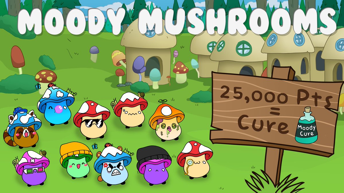 Introducing Moody Mushrooms: NFTs' you can play with from day one! Jump to new high scores to increase your Mushrooms rarity and value! Work together to collectively gain 25,000 points to unlock the "Moody Cure" so our poor Mushrooms can control their mood again!