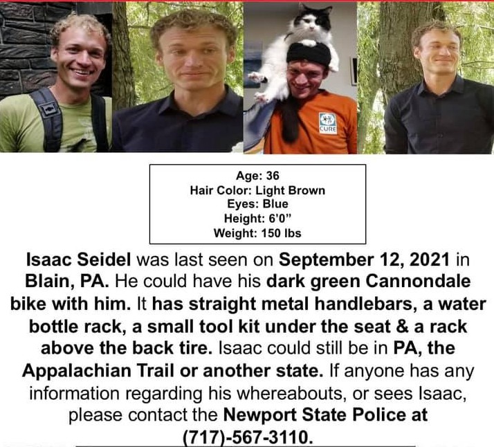AT_Conservancy's tweet image. #AppalachianTrail hikers in Virginia, Maryland, and Pennsylvania: PA State Police are looking for a missing person, Isaac Seidel, who may be on the #AT. If you come across someone matching his description in the flyer below, please call 717-567-3110.
