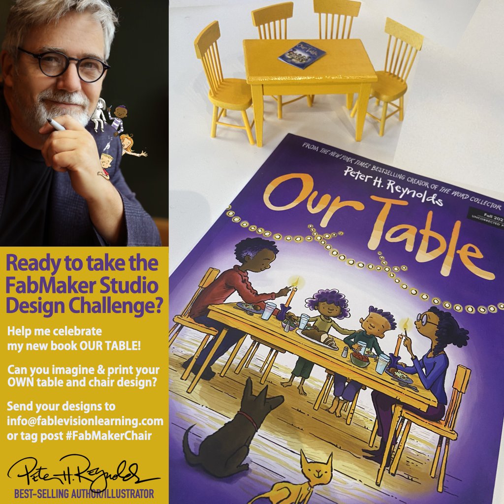 FableVision's tweet image. To help celebrate his new book #OurTable, @peterhreynolds is inviting students to the DESIGN TABLE to #CreateBravely with #FabMakerStudio digital design &amp;amp; fabrication software. Details: fablevisionlearning.com/blog/our-table… @FableLearn #EngineeringDesign @peggystearns #STEM #STEAM #EDP #STREAM