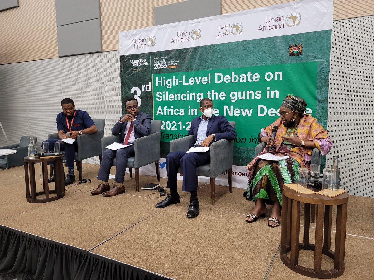 AUC_PAPS's tweet photo. #3rd_High_Level_Debate Session5: Measuring the impact through the AU Monitoring &amp; Evaluation Mechanism on the implementation of the Master Roadmap on #silencingtheguns. Moderator: @jmartyns Presenter: Dr. Andrew Asamoah @issafrica
Panelists: @AUBinetaDiop, Amb. Ibrahima Dia https://t.co/LSz2Xj9Xxj