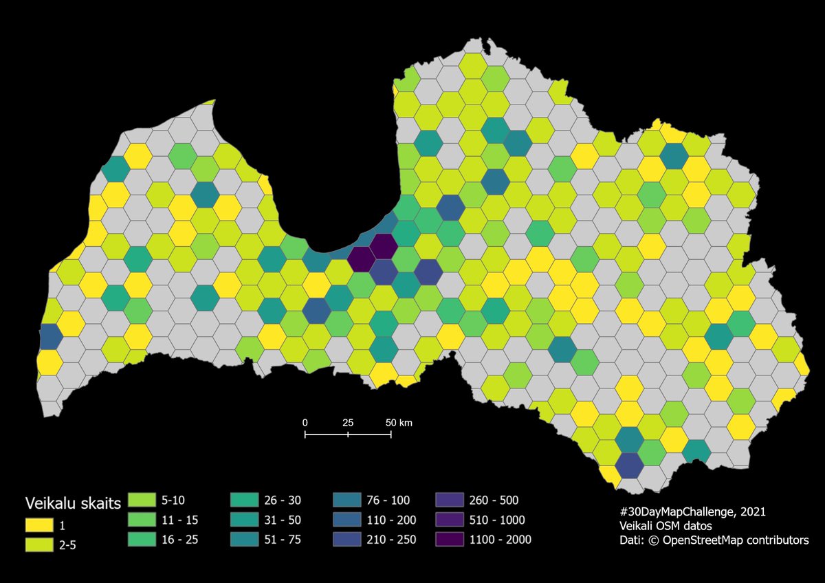 #30DayMapChallenge 5. diena. OSM diena. Veikalu blivums un izvietojums Latvijā pēc OSM datiem <a href="/openstreetmap/">OpenStreetMap</a>