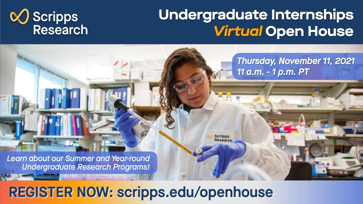 UNDERGRADS: Interested in spending next summer immersed in scientific discovery at <a href="/scrippsresearch/">Scripps Research</a>? Register now for our virtual #Internship Open House on Nov. 11 and learn about our many programs for undergrads. Learn more &amp; register at: scripps.edu/openhouse #internships