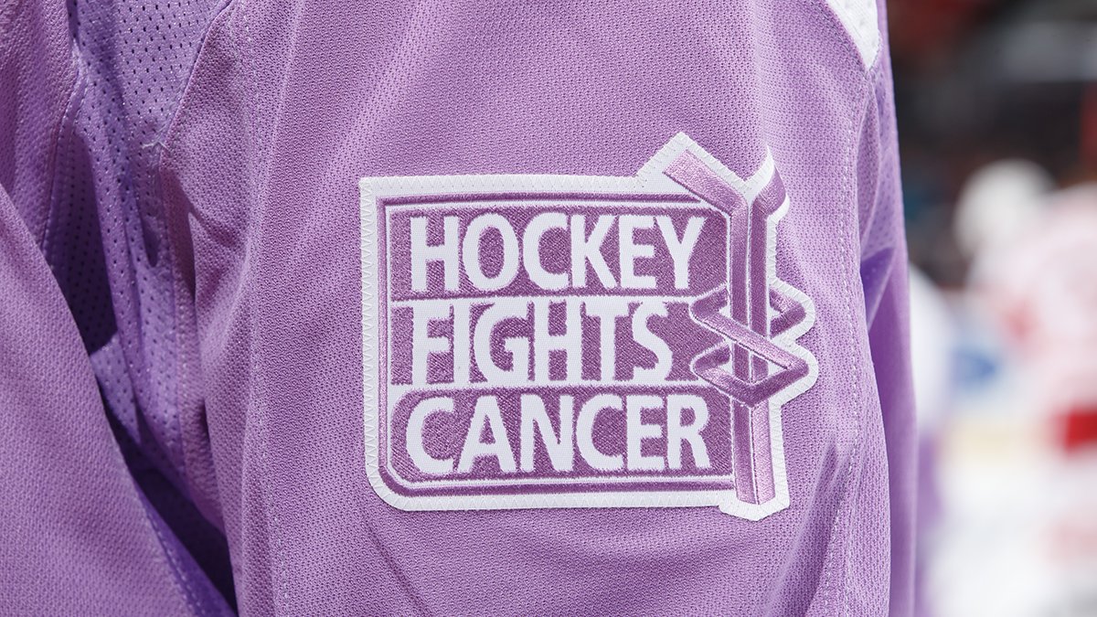 cancersociety's tweet photo. Catch tonight's @NHLFlames game in honour of #HockeyFightsCancer! 
Thanks to our partners at @NHL and @NHLPA for bringing the hockey community together to join us in supporting Canadians affected by cancer and their families. 💛💜 Learn more at https://t.co/bTgolkpXGO https://t.co/TRlzo5GNws