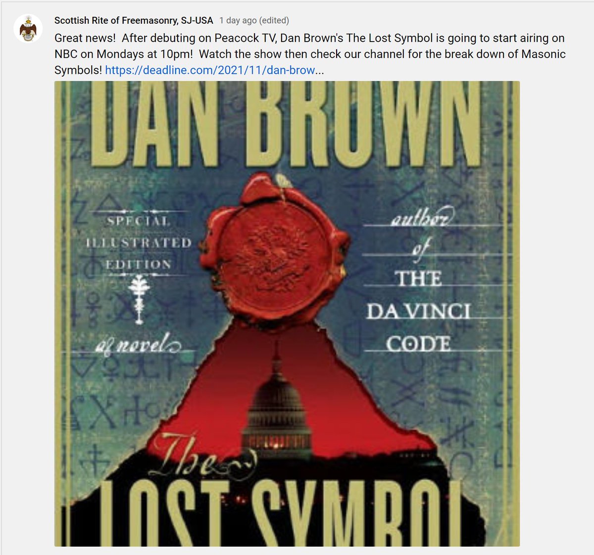 ScottishRite's tweet image. Big News! #TheLostSymbol &amp;amp; The House of the Temple youtube.com/channel/UCv-F1…