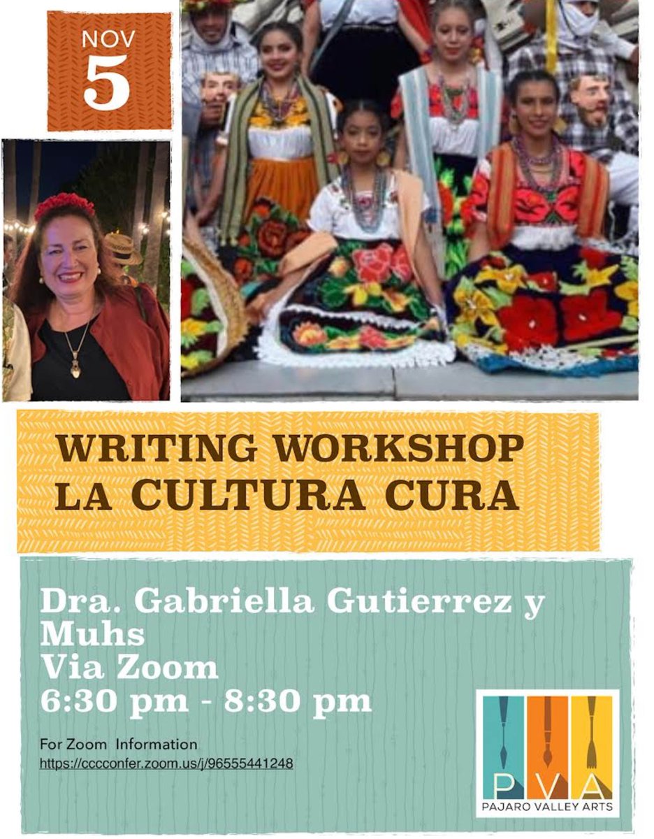 pvarts's tweet photo. Join us tomorrow Thursday, November 5 for La Cultura Cura, Rebozos Writing Workshop! The workshop will be facillitated by Gabriella Gutierrez y Muhs via Zoom 6:30PM-8:30PM. Open to all! We hope to see you there! Meeting ID: 965 5544 12485 (https://t.co/Zd6WuL4Gw0) https://t.co/wpTXQLWp7u
