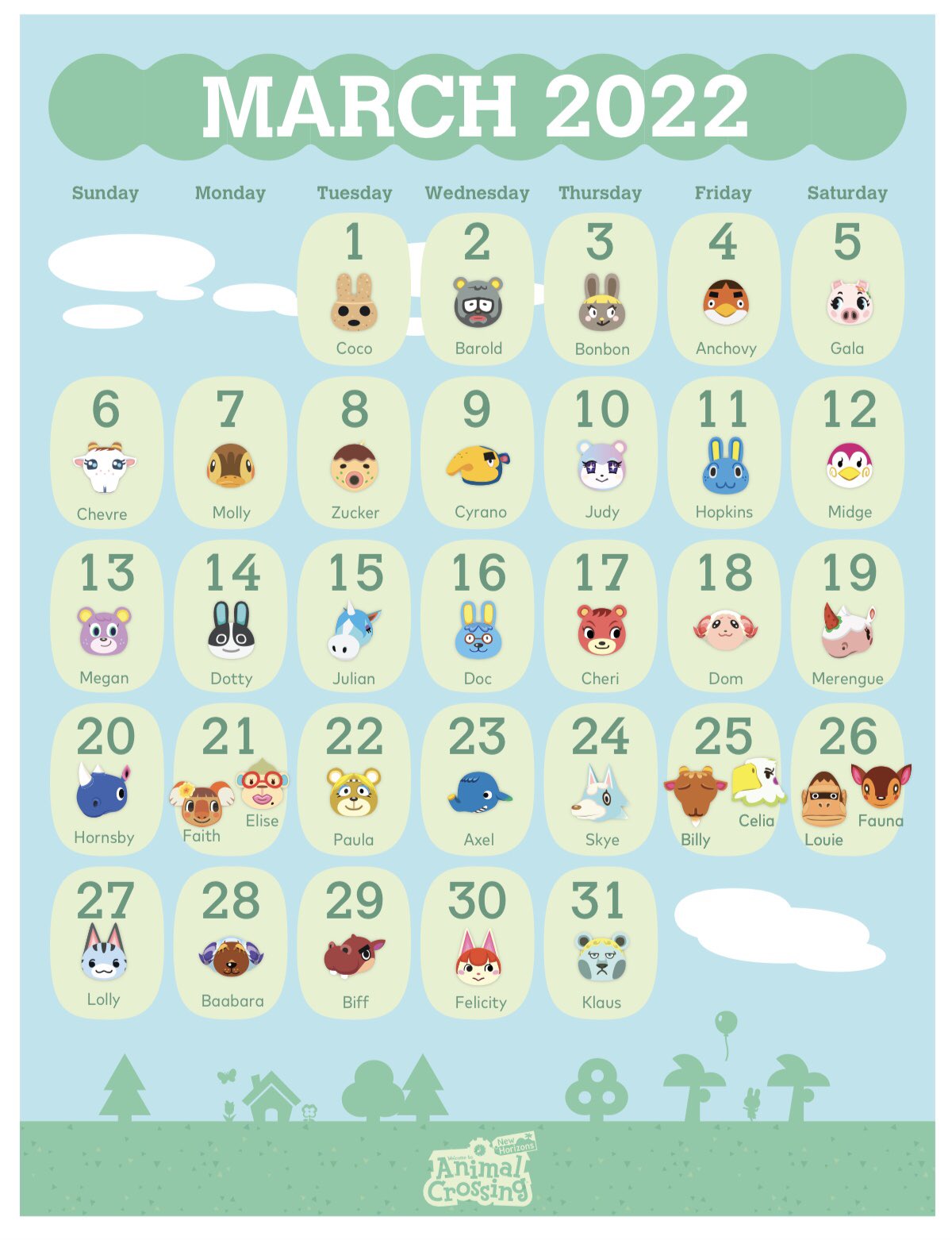 Printable PDF 2022 Calendar Animal Crossing themed Art & Collectibles