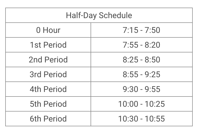 Due to tonight's Parent Teacher Conferences, we will have an early release on Friday.  Here's the schedule: