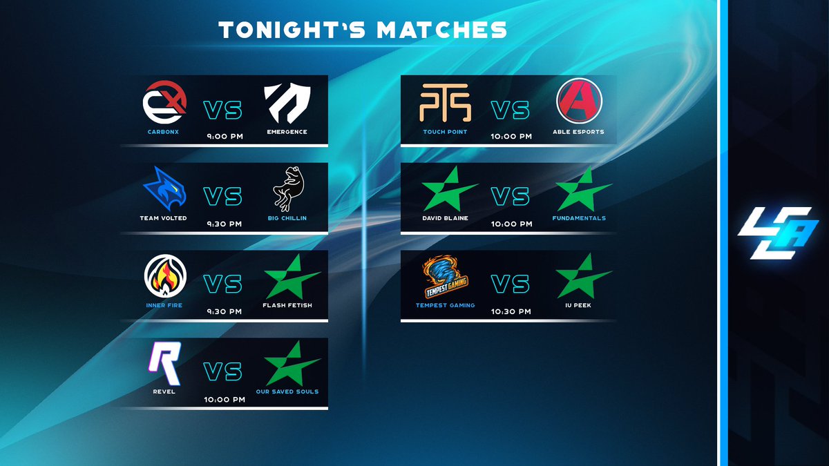 LCABroadcasting's tweet photo. Tonight's matches covered by LCA! 🚨

⚔️ @CarbonX_GG vs @EmergenceHQ 
🎙️ @parks2214 

⚔️ @TeamVolted vs @BigChillinInc 
🎙️ @ynoTFPS 

⚔️ @InnerFireGG vs #FlashFetish
🎙️ @Deprivee_ 

⚔️ @Revel_LL vs #OurSavedSouls
🎙️ @AnThranCS 

1/2 https://t.co/3tz94SG2uH