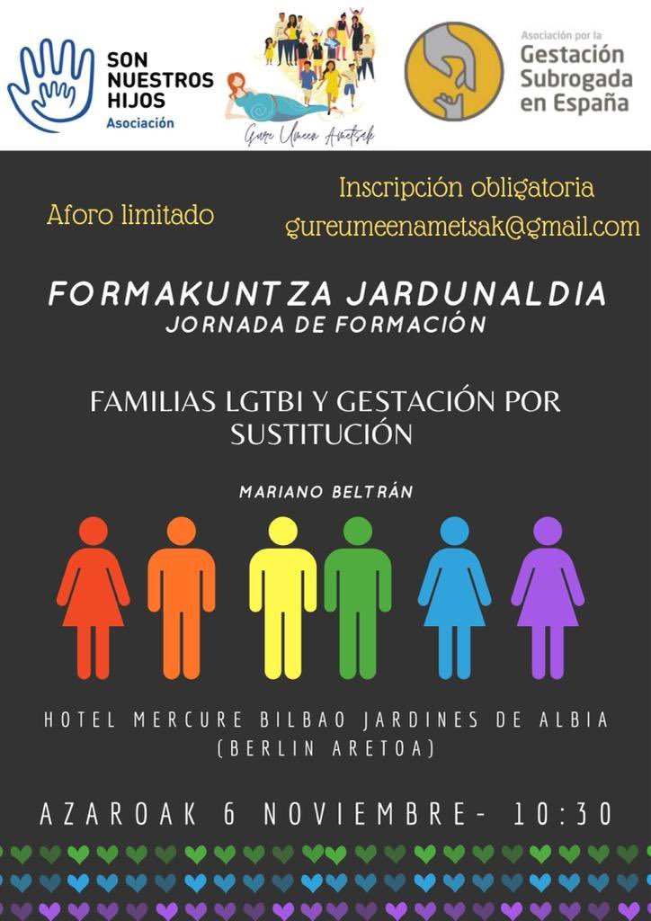 El próximo sábado (6 de noviembre) tendrá lugar en Bilbao el Encuentro Anual de Familias Creadas por #GestaciónSubrogada

Una actividad coordinada por las asociaciones Son Nuestros Hijos, Gure Umeen Ametsak y nosotr@s. Y con la colaboración de <a href="/MarianoBeltran/">Mariano Beltrán</a>

#DiversidadFamiliar