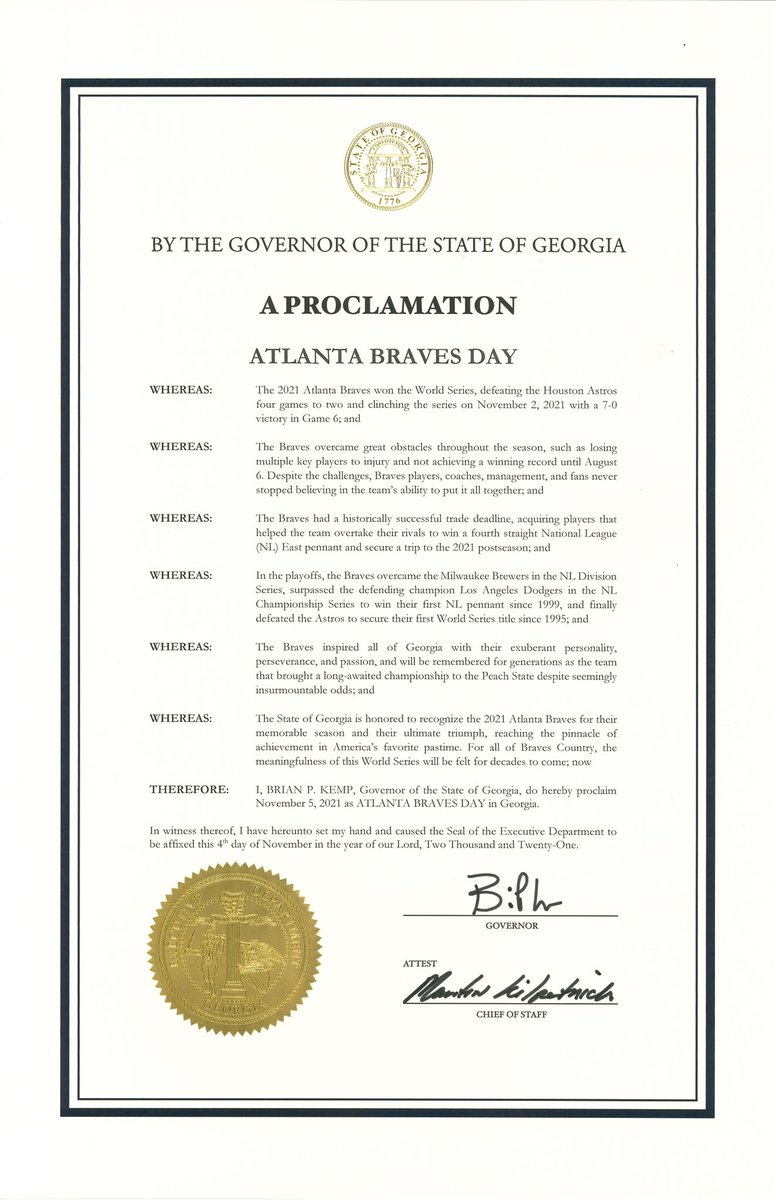 I have proclaimed Friday, Nov. 5 as #AtlantaBravesDay! We encourage everyone to celebrate the @Braves’ incredible #WorldSeries Championship by dressing in your favorite gear and attending the festivities if possible. Go @Braves! #BattleAtl