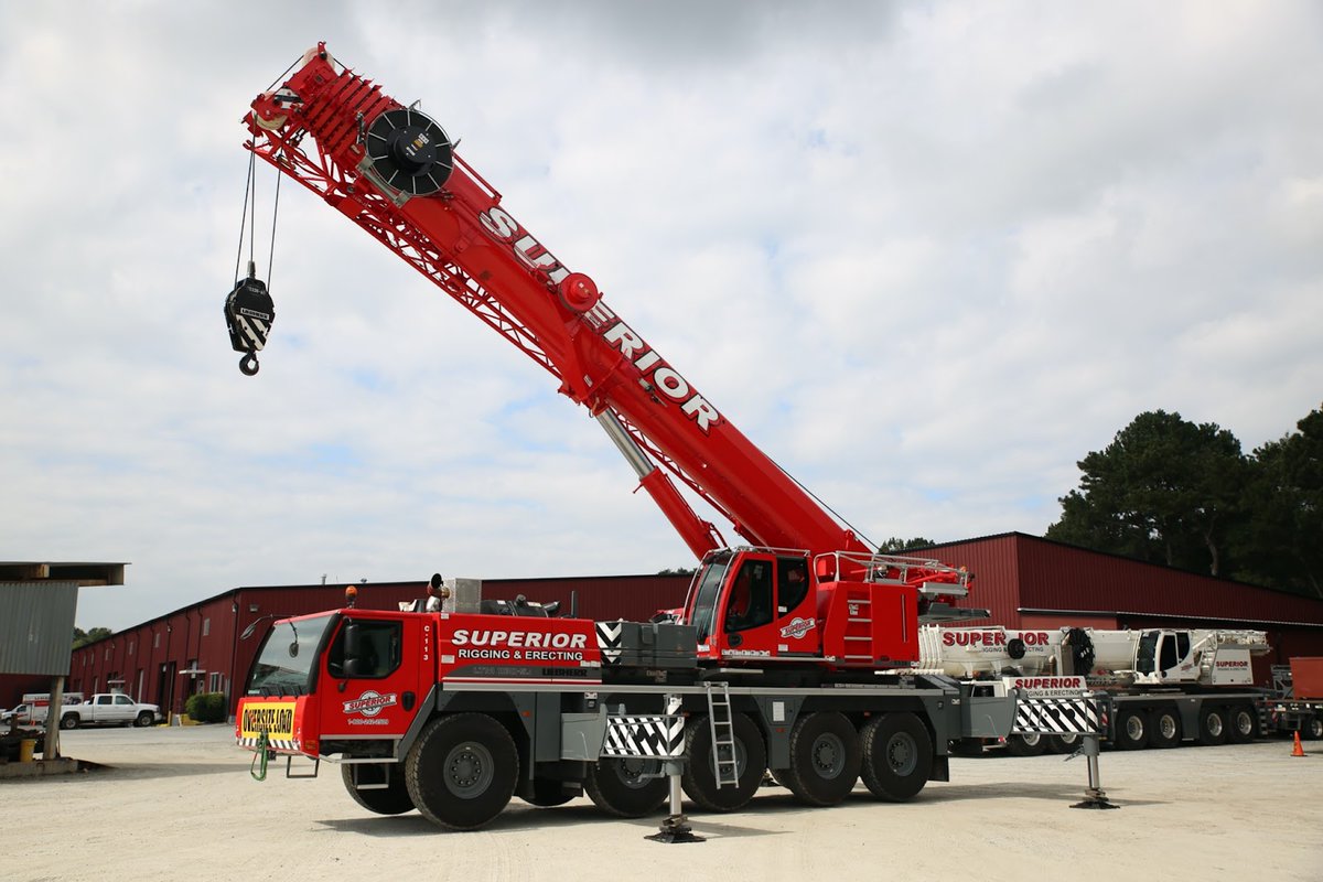 SuperiorRigging's tweet photo. Meet Superior Rigging’s newest addition, the Liebherr LTM 1130-5.1 all terrain crane. With 197’ of main boom riding on 5 axles this crane offers all the versatility you have come to expect from Liebherr. Call us today to find out how this new crane is #MakingTheToughLookEasy! https://t.co/uFGSsWgzEP