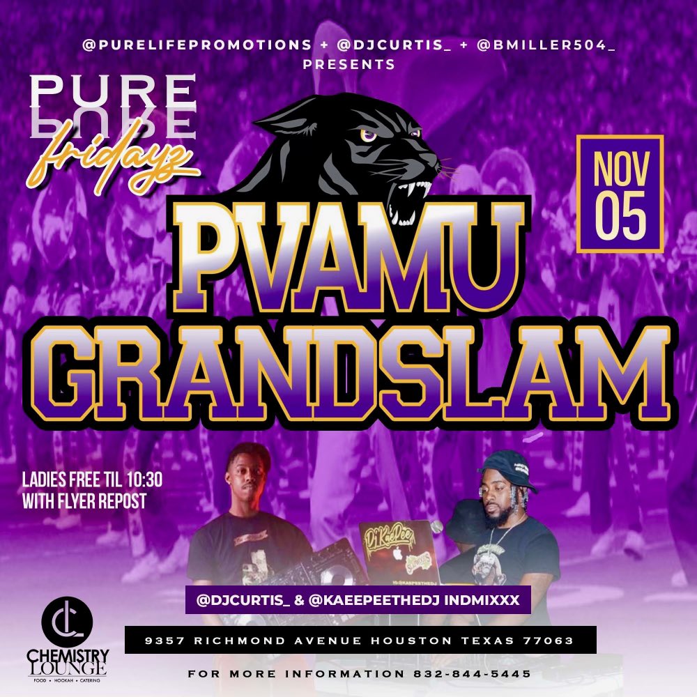 DjCurtis___'s tweet photo. 🚨TOMORROW NIGHT 🚨 !! GRAND OPENING 🔥#PUREFRIDAYZ  @ @chemistry_reloaded_htx ALL LADIES FREE ENTRY TIL 1️⃣0️⃣:3️⃣0️⃣ PM !! 9357 Richmond ave 77063 | #PURELIFEPROMO ✅ | #UH #txsu25 #pvamu25 #PVHC2k21 https://t.co/CzwrANOZ40