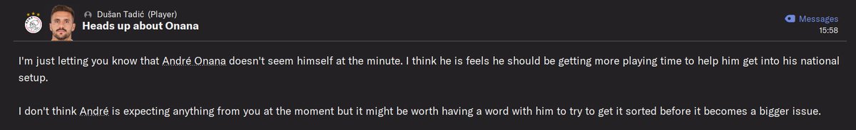 theFFM_'s tweet photo. Onana complaining about lack of playing time.
Onana is on a 9 month suspension.
#fm22 #dnajax https://t.co/O3BPQLI5zJ