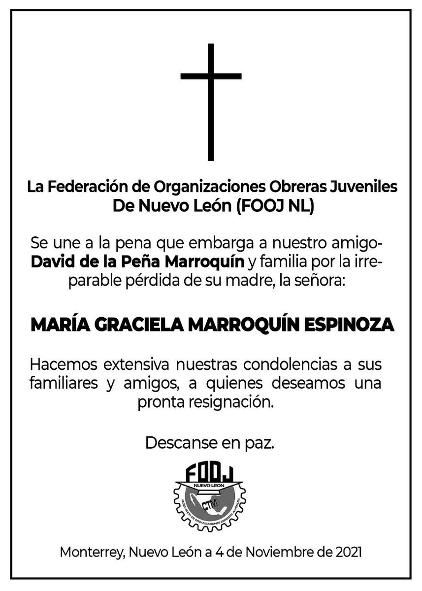 Nuestro más sentido pésame para nuestro amigo y  Alcalde de Santiago <a href="/daviddlp/">David de la Peña Marroquín</a> y su familia, por el sensible fallecimiento de la Sra. María Graciela Marroquín Espinosa. Q.E.P.D.