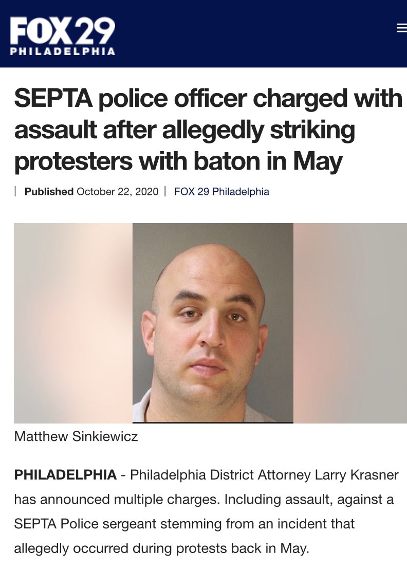 KeeleyFox29's tweet photo. UPDATE: Judge has tossed felony aggravated assault charges against former @SEPTA Police Sgt. Matthew Sinkiewicz, fired after charged in May,2020 Black Lives Matter protests in Center City.  @philadao now “considering our options on how to proceed with this matter.” @FOX29philly https://t.co/tqVL9UMuXV