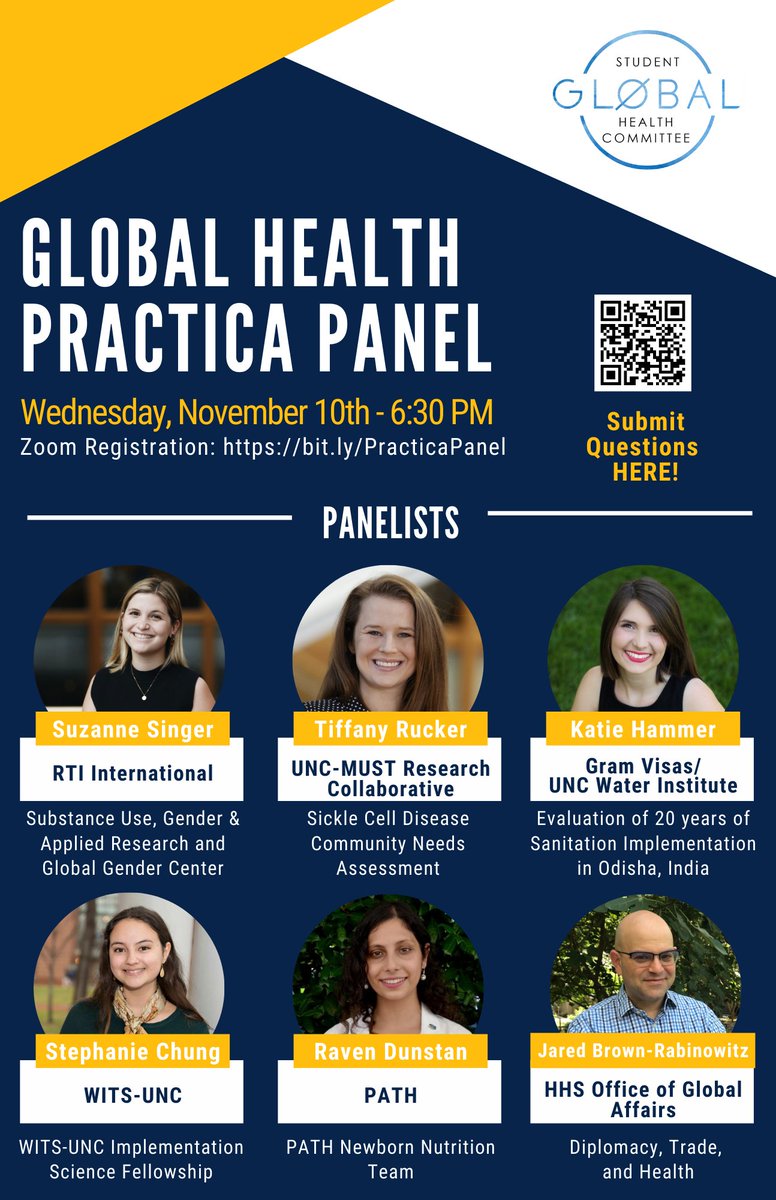 sghc_unc's tweet photo. Join us on Wednesday, November 10th, for our SGHC Global Health Practica Panel! Learn more about different organizations, application processes, and more from second-year MPH students!
Registration Link:https://t.co/jmkhhpyIPI https://t.co/6pDjgZckdw