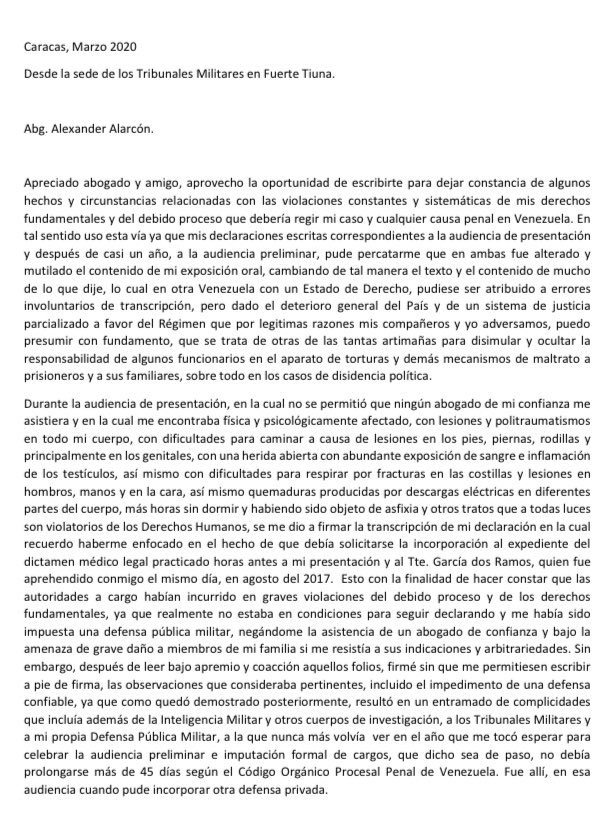 plomoparejo's tweet photo. No dejen de leerlo!!!
Aparece en las redes un documento firmado por el Cap. Juan Carlos Caguaripano donde él mismo describe las torturas a las cuales fue sometido. Un documento para la historia https://t.co/cbGXMsy0sf