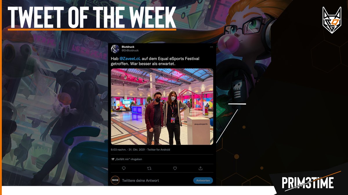 PRIMETIME_PRM's tweet photo. Unser Tweet of the Week in Woche 5 ging an @DrBlutdruck und sein Selfie mit @ZaveeLoL auf dem equal esports festival in Berlin. Alle vergangenen Twitter-Streits scheinen vergessen und beide konnten dort einen schönen Tag verbringen 🥂🎉

#PRIM3TIME sagt HERZLICHEN GLÜCKWUNSCH 👑 https://t.co/7wcBHQPrBq