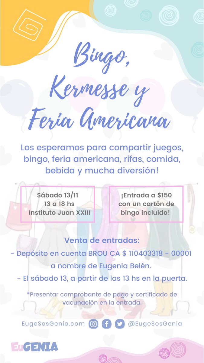 🌸 BINGO, KERMESSE Y FERIA AMERICANA 🌸

Los esperamos el sábado 13 de noviembre en el instituto Juan XXIII, a partir de las 13 hs, para compartir juegos, bingo, feria americana, rifas, comida, bebida y mucha diversión!!

#EuGENIA
#EugePequeñaGranGenia