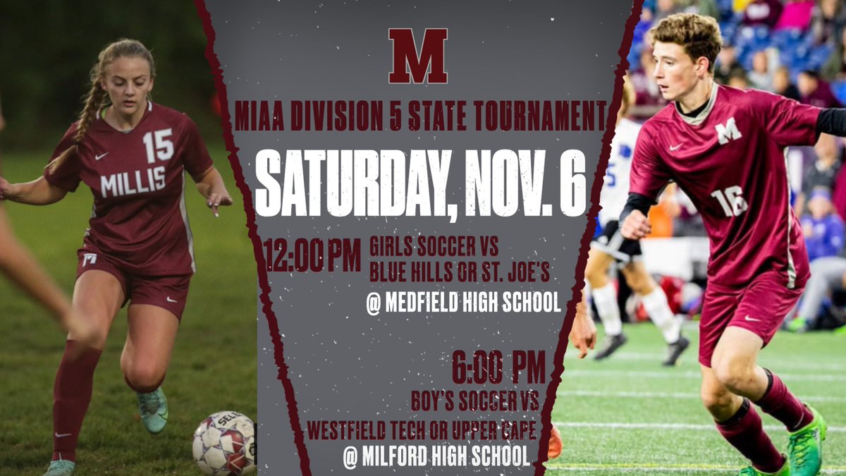 Let's play two! <a href="/millisboyssoc/">millisboyssoccer</a> and <a href="/MillisGirlsSoc/">Millis HS Girls Soccer</a> are ready for the round of 32 this Saturday.  Waiting on opponents to be decided.  Admission is $5...no online tickets this round.  #allin #together <a href="/MIAA033/">MIAA</a>